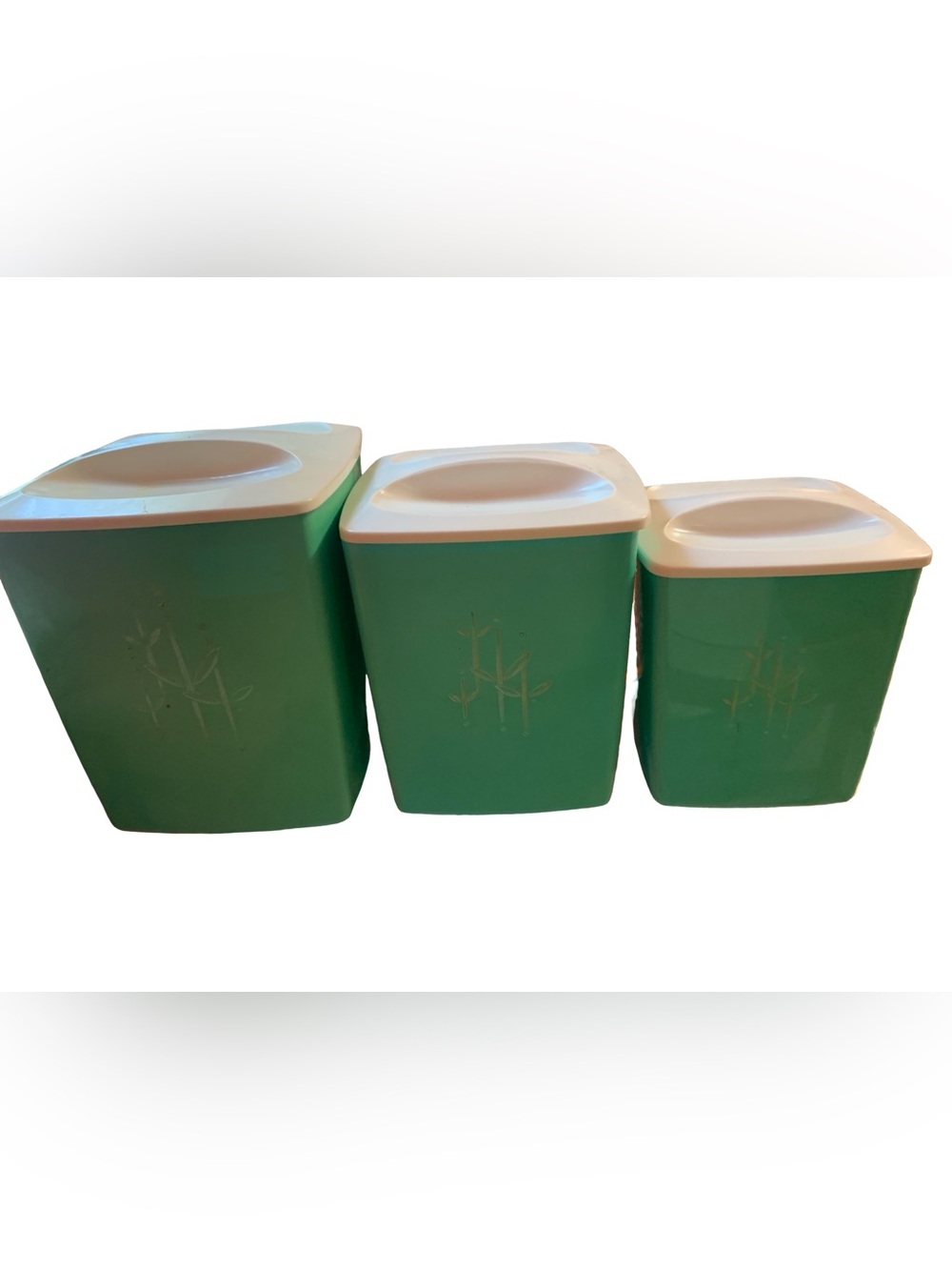 Vintage MCM 1950’s Lot Of 3 Graduating Turquoise Plastic Nesting Canisters